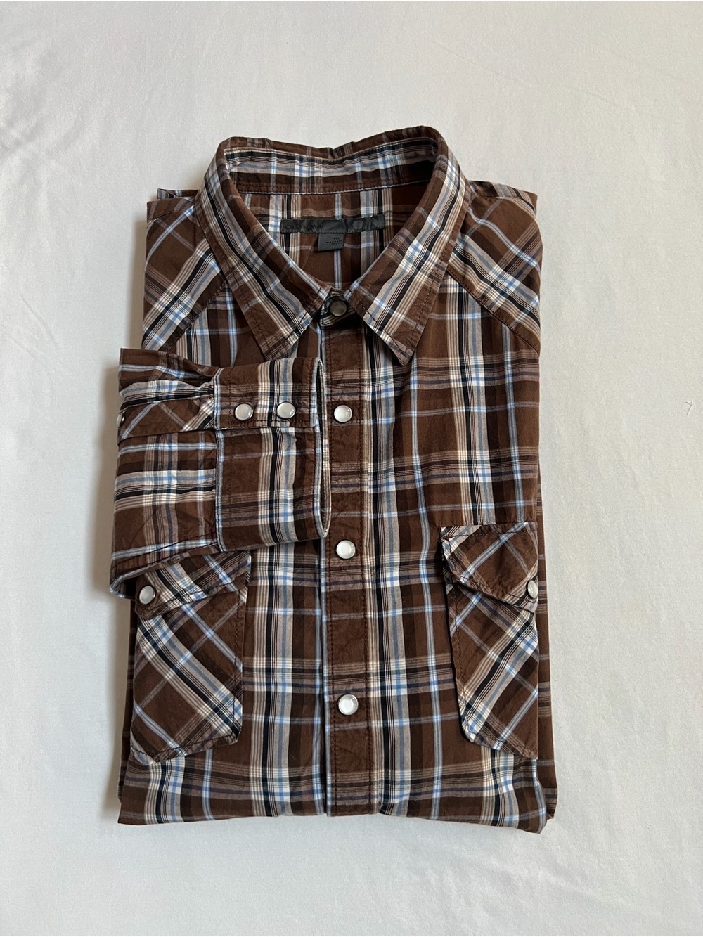 Old Navy Men’s XL Brown Blue Plaid Long Sleeve Pearl Snap Western Dress Shirt